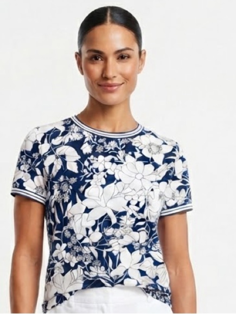 Brooks Brothers Red Fleece Blue & White Floral Silk-Feel Short Sleeve Top Sz 10